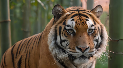 Fototapeta premium a tiger that is standing in the grass by a fence