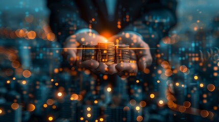 Businessman holding glowing stacks of coins against a blurred urban night background, symbolizing financial growth.