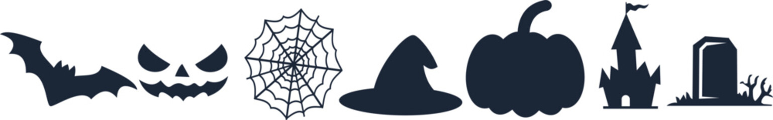 Halloween vector icon shilloutte, cutest pumpkins, bats in night clouds and other traditional symbols. Design template for advertising, web, social media,