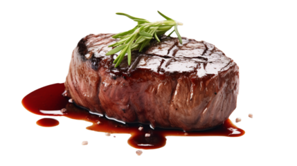 Close-up of a juicy, grilled steak topped with a sprig of rosemary, garnished with a rich, savory sauce on a white background.