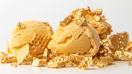 Luxurious golden honeycomb ice cream, an image of luxurious golden honeycomb ice cream, its creamy texture and chunks of crunchy honeycomb against a white backdrop