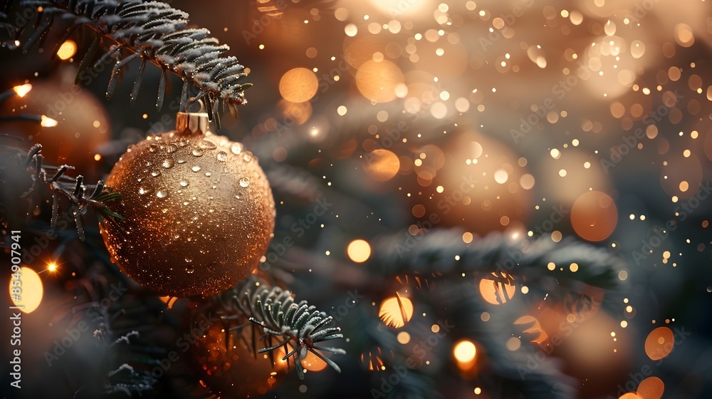 Aufkleber festive golden christmas ornament hanging on snowy evergreen tree branch with twinkling bokeh lights