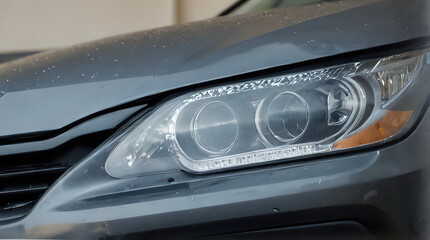 a close up of a car with a headlight on and a car in the background