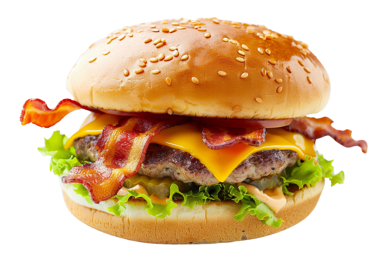 Delicious cheeseburger with crispy bacon, fresh lettuce, and tomato, perfect for gourmet fast food cravings. High-quality stock photo.