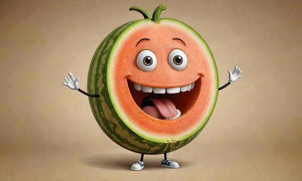 wallpaper representing a cartoon melon in a humorous way. Melon with eyes, limbs and ears.