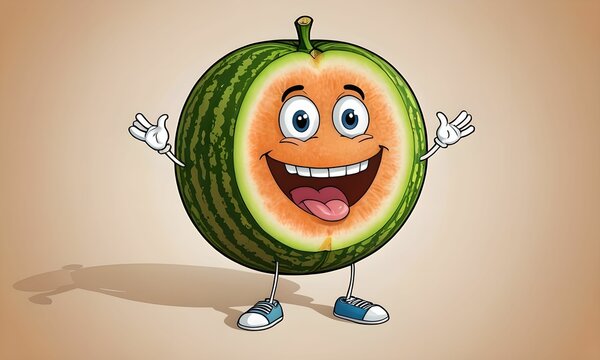 wallpaper representing a cartoon melon in a humorous way. Melon with eyes, limbs and ears.