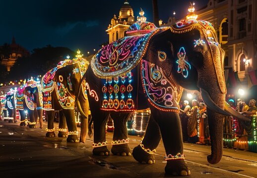 The majestic sight of elaborately decorated elephant processions during the Esala Perahera in Kandy, Sri Lanka, with colorful lights and ancient temples enhancing the scene