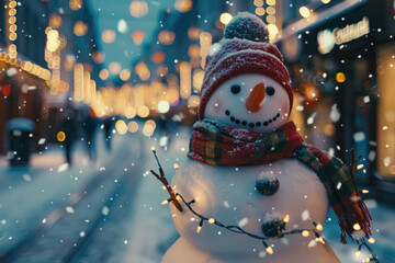 A close-up of a snowman with lights on a snowy city street during winter