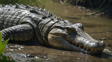 Obraz premium crocodile laying in shallow water with mouth open and teeth wide open