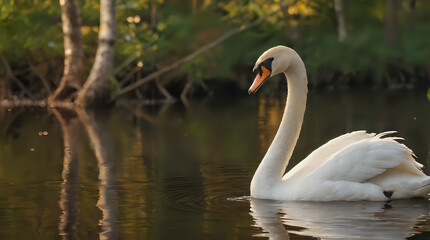 Obraz premium a white swan swimming in the water near a forest
