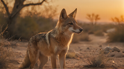 Fototapeta premium a standing in the desert at sunset with a tree in the background