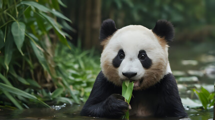 Fototapeta premium panda bear in water eating bamboo leaf in zoo enclosure