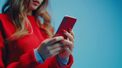 In an extreme close-up, a woman's hands navigate her smartphone against a blue background. Her fingers click the screen, highlighting social media, text messaging, and web browsing.