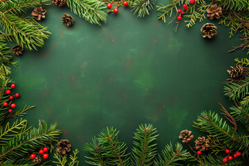 A festive frame of evergreen branches, pine cones, and red berries against a green background
