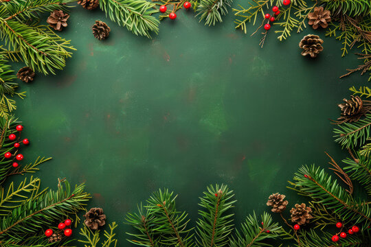 A festive frame of evergreen branches, pine cones, and red berries against a green background