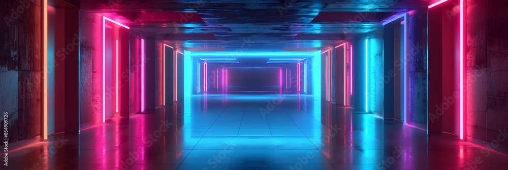 Poster Glowing Neon Futuristic Corridor with Vibrant Symmetrical Lighting and Abstract Architectural Design