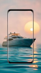 Obraz premium A luxurious yacht on calm waters at sunset, viewed through a transparent phone screen, symbolizing modern technology and travel.lifestyle content. 