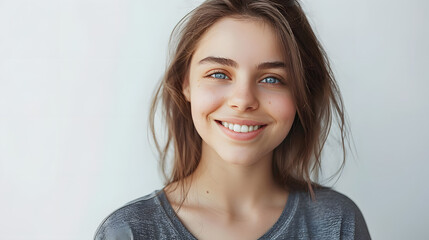 Portrait of young beautiful cute cheerful girl smiling looking at camera over white background.