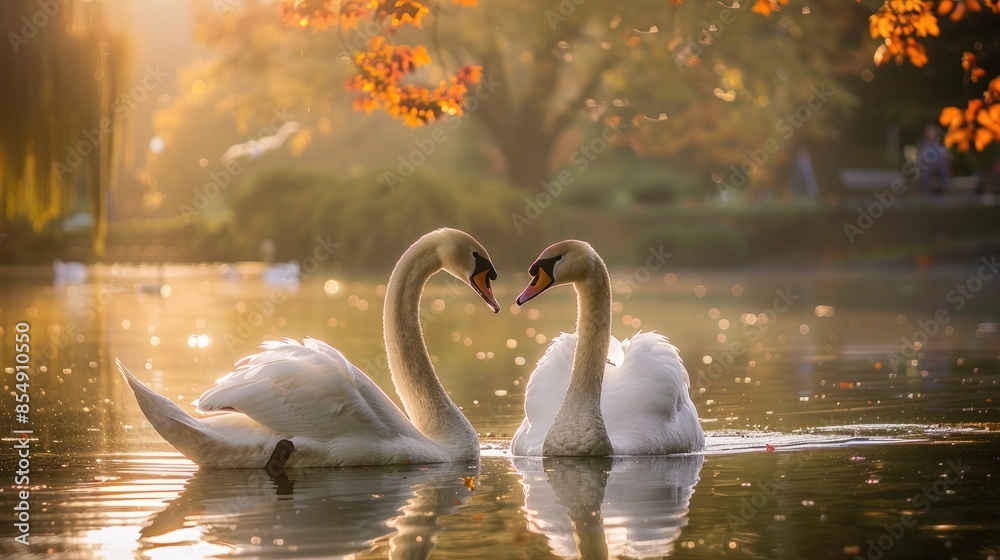 Wall mural Elegant white swans gliding in park pond - Wall murals