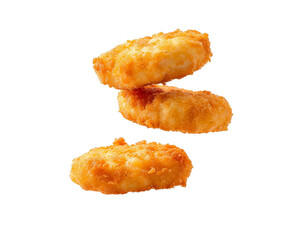 Three golden, crispy chicken nuggets floating in mid-air on a white background, showcasing delicious fried food with appetizing appeal.