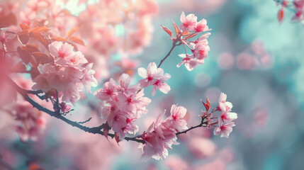 Obraz premium A close-up of delicate pink cherry blossoms blooming on a branch in a springtime setting