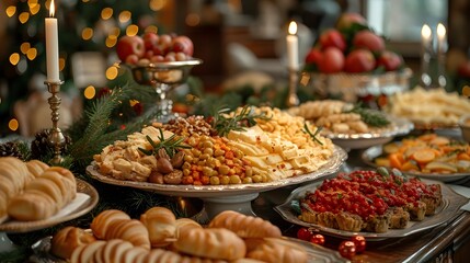 Fototapeta premium Lavish Christmas Feast Spread with Assortment of Festive Desserts and Delicacies on Decorated Dining Table