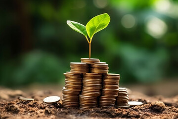 Seed illustration growing on gold coins, financial investment business concept background