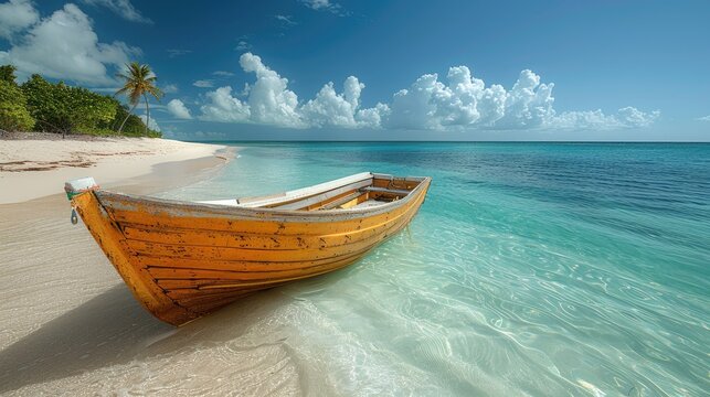  Beautiful tropical beach with clear turquoise water and a wooden boat on a white sand - Powered by Adobe
