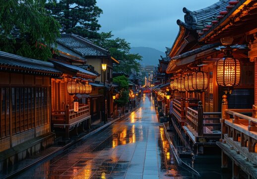 The serene and beautifully lit Gion Matsuri in Kyoto, Japan, with traditional wooden floats adorned with intricate carvings and lanterns, set against the historic streets of Kyoto