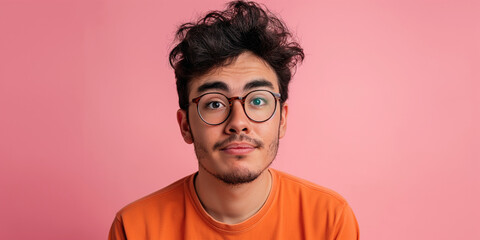 Obraz premium Joyful man portrait on pink background, a natural portrait of a man expressing joyful