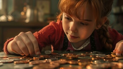 Curious young girl with red hair sorts through a collection of coins on a wooden table, engrossed in her task.