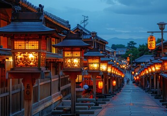 The serene and beautifully lit Gion Matsuri in Kyoto, Japan, with traditional wooden floats adorned with intricate carvings and lanterns, set against the historic streets of Kyoto