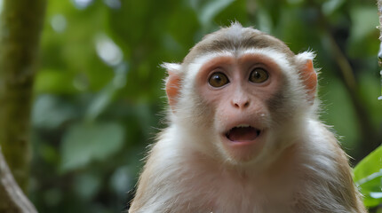 Fototapeta premium a monkey with open mouth sitting in tree looking at camera