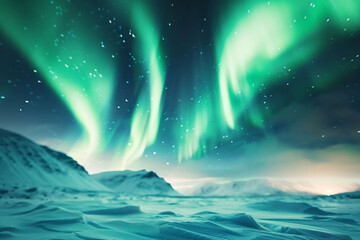 Fototapeta premium Aurora in the night sky, Northern Lights landscape background, Arctic region bright light starry sky background