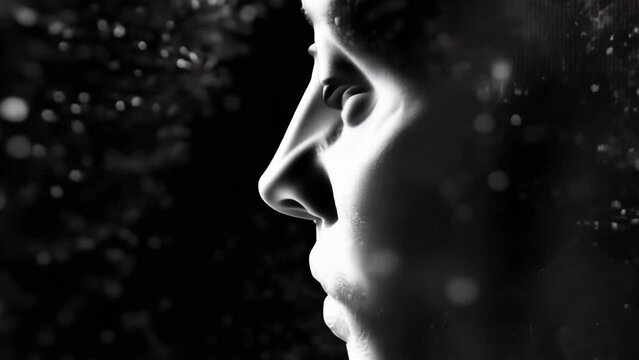 A close-up shot of a man's face in black and white, suitable for use as a portrait or to represent masculinity