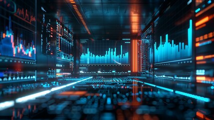 Futuristic data center with glowing blue and orange graphs and circuits, representing advanced technology and data analytics.