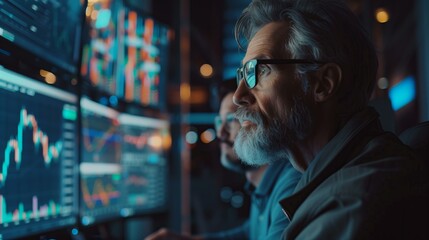 Focused senior financial analyst working late at night, analyzing stock market data on multiple computer screens.
