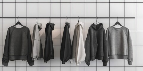 Hoodies Hanging on a Black Rail in a White Tiled Room