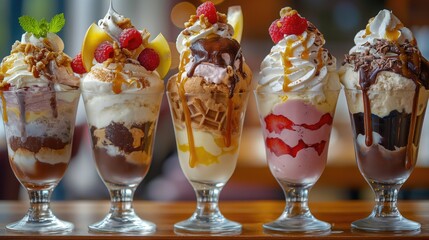 A sundaes ice cream assortment on dessert glassware topped with fresh fruits, nuts and caramels or chocolates