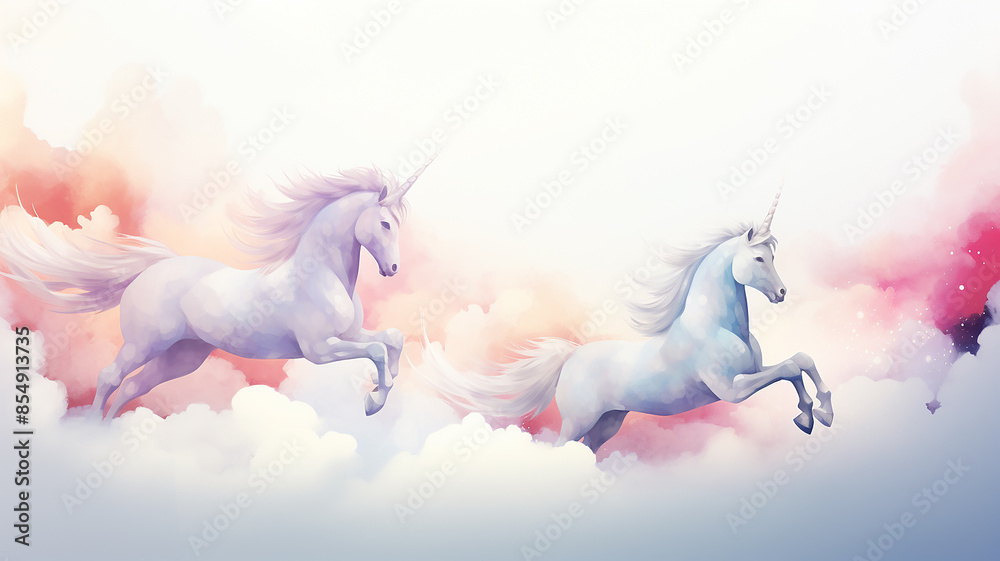 Wall mural White horses running among the clouds, watercolor postcard background - Wall murals