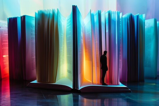 A silhouette of a man stands among illuminated open book pages, giving a sense of scale