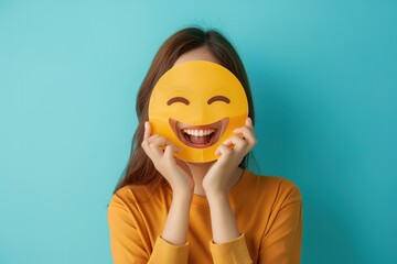 woman holding up smile emoji face mask
