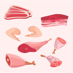 Set of Steak chicken, Chickens leg pies meat products. Chicken, sausage and product ingredient illustration