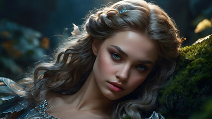 Forever young and beautiful forest nymph fairy pixie, guarding nature trees, ancient woods, have wings, Generative AI fiction character