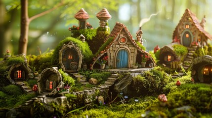 Fototapeta premium Enchanting Fairy Village in a Lush Forest.