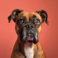 Fototapeta premium Boxer dog on minimalistic colorful background with Copy Space. Perfect for banners, veterinary ads, pet food promotions, and minimalist designs.