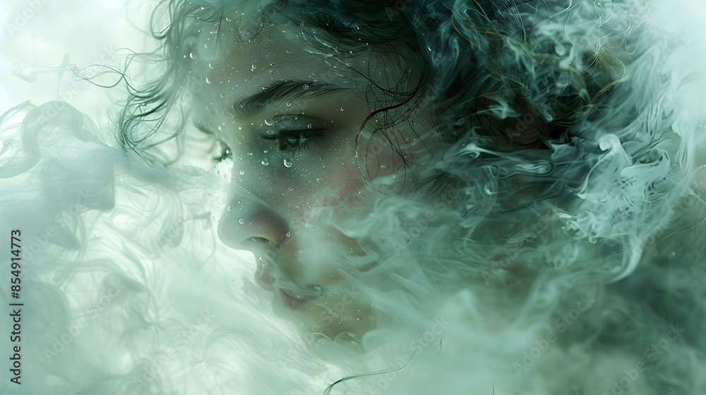 Poster Mesmerizing Misty Portrait of a Captivating Ethereal Presence Exuding an Enigmatic and Emotive Aura in a Cloudy Atmospheric Scene