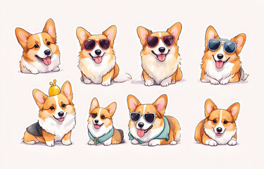 Obraz premium Four grid comics, Corgi dog or Border collie or German Shepherd Dog wearing different outfits, such as Sunglasses or bells, The illustration style is cute with soft colors and simple shapes. Each one