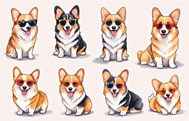 Four grid comics, Corgi dog or Border collie or German Shepherd Dog wearing different outfits, such as Sunglasses or bells, The illustration style is cute with soft colors and simple shapes. Each  one
