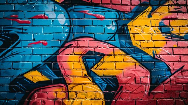Dynamic urban graffiti on a brick wall, showcasing vibrant colors and bold designs in an edgy city setting